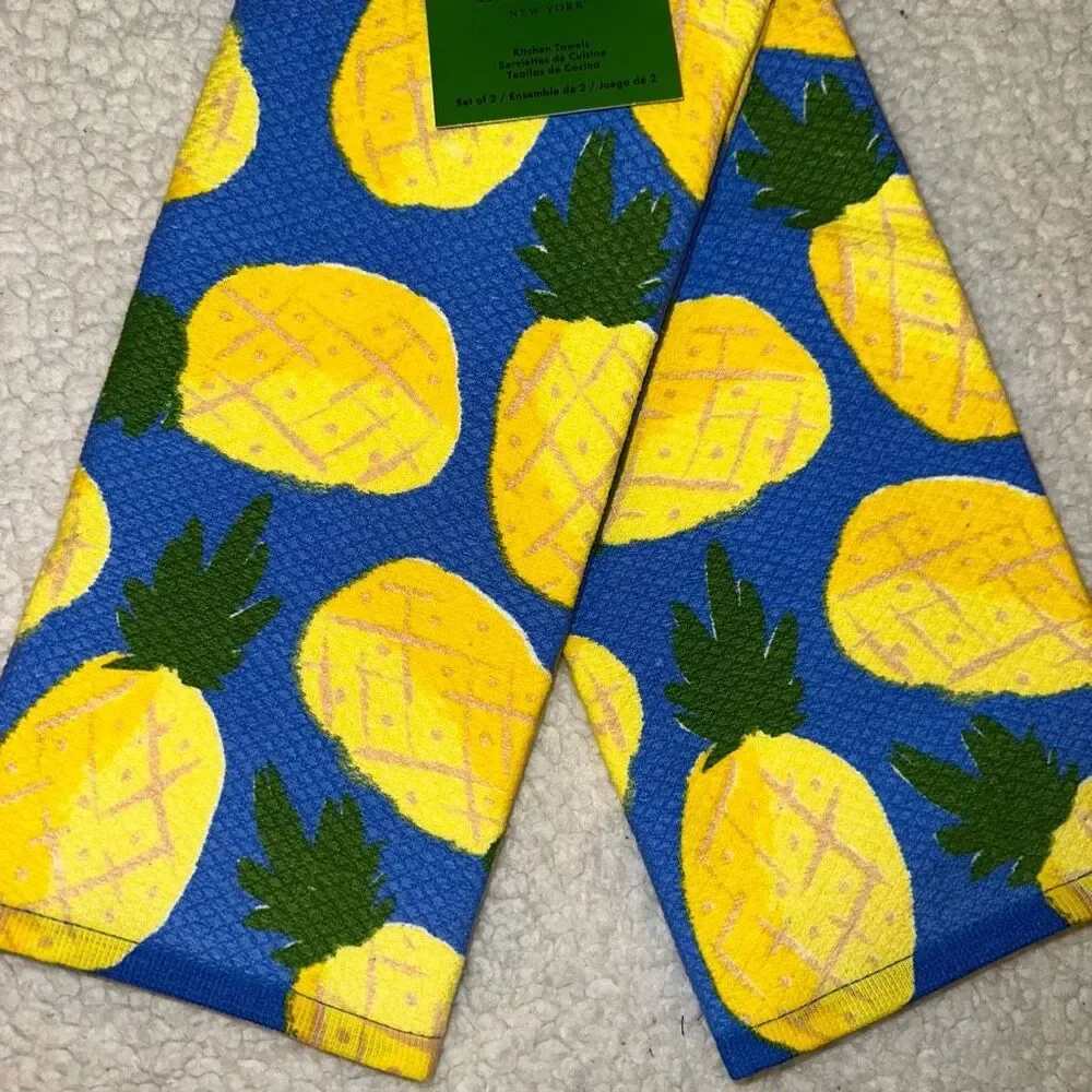 Kate Spade Kitchen Towel Set Blue Yellow Pineapple Set of 2 NWT